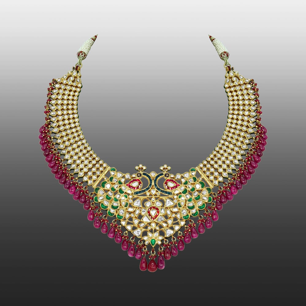 Necklace with Peacock Motifs, Polkis, and Ruby Drops